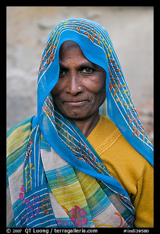 Elderly woman with head scarf. Khajuraho, Madhya Pradesh, India (color)