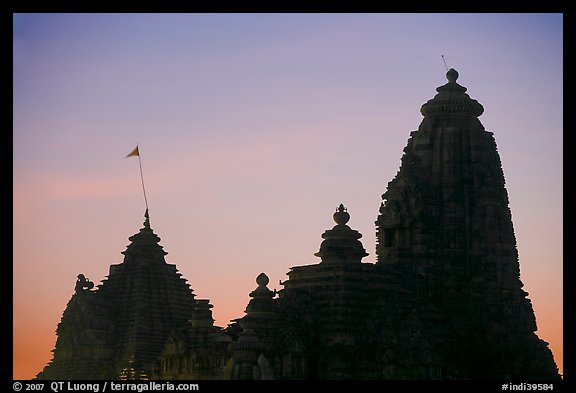 Temple silhouette, Western Group, sunset. Khajuraho, Madhya Pradesh, India (color)