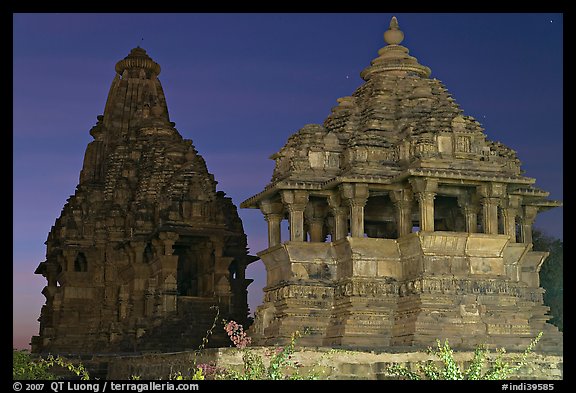 Temples at dusk, Western Group. Khajuraho, Madhya Pradesh, India (color)