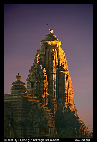 Illuminated temple at night, Western Group. Khajuraho, Madhya Pradesh, India