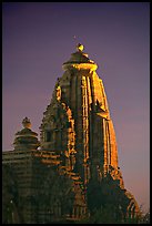 Illuminated temple at night, Western Group. Khajuraho, Madhya Pradesh, India