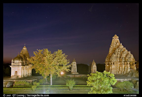 Temples of the Western Group at night. Khajuraho, Madhya Pradesh, India