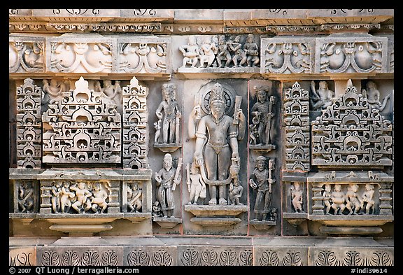 Temple carving detail, Lakshmana temple. Khajuraho, Madhya Pradesh, India (color)