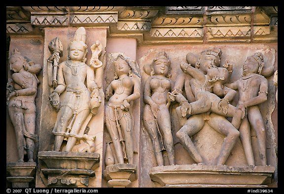 Apsaras and mithuna, Kadariya-Mahadeva temple. Khajuraho, Madhya Pradesh, India (color)