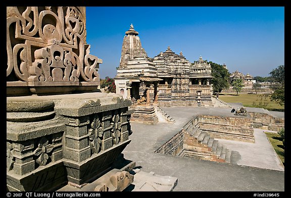 Mahadeva and Devi Jagadamba temples seen from Kadariya-Mahadev. Khajuraho, Madhya Pradesh, India (color)