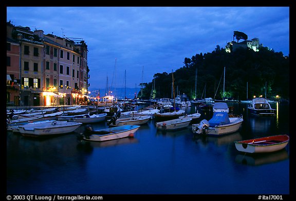 Harbor and San Giorgio castle at dusk, Portofino. Liguria, Italy (color)