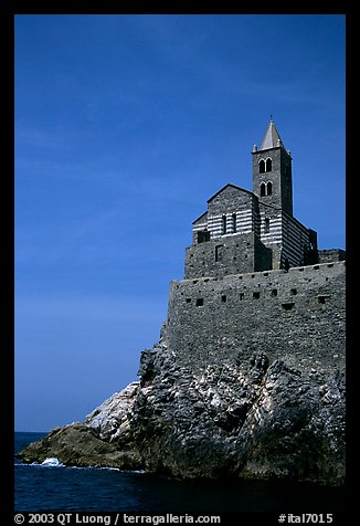 Chiesa di San Pietro (1277) in Genoese Gothic fashion with black and white bands of marble, Porto Venere. Liguria, Italy (color)