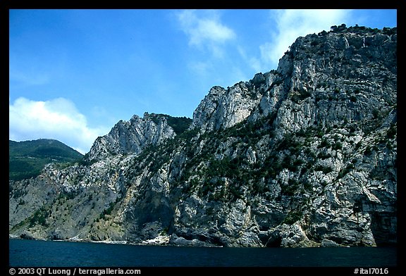 Steep limestone cliffs dropping into the Mediterranean. Cinque Terre, Liguria, Italy (color)