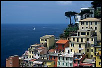 Houses built on the sides of steep hills overlook the Mediterranean, Riomaggiore. Cinque Terre, Liguria, Italy