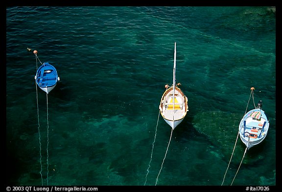 Three small boats in emerald waters, Riomaggiore. Cinque Terre, Liguria, Italy (color)