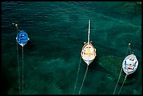 Three small boats in emerald waters, Riomaggiore. Cinque Terre, Liguria, Italy