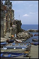 Fishing boats, harbor, and Mediterranean Sea, Riomaggiore. Cinque Terre, Liguria, Italy (color)