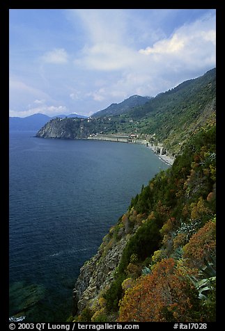 Coast along the Via dell'Amore (Lover's Lane), looking north towards Corniglia. Cinque Terre, Liguria, Italy (color)