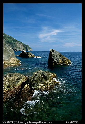 Mediterranean coastline and rocks near Manarola. Cinque Terre, Liguria, Italy (color)