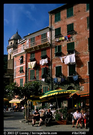 Resting at outdoor terrace on Piazza Guglielmo Marconi, Vernazza. Cinque Terre, Liguria, Italy