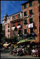 Resting at outdoor terrace on Piazza Guglielmo Marconi, Vernazza. Cinque Terre, Liguria, Italy ( color)