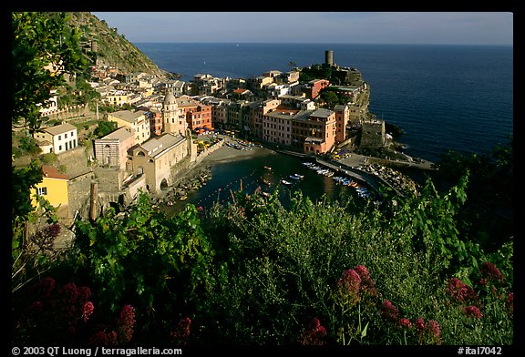 Harbor, church, 11th century castle and village, late afternoon, Vernazza. Cinque Terre, Liguria, Italy (color)