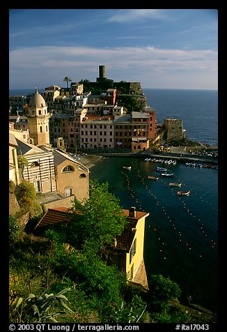 Fishing port, church, old castle and village, Vernazza. Cinque Terre, Liguria, Italy (color)