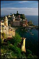 Fishing port, church, old castle and village, Vernazza. Cinque Terre, Liguria, Italy