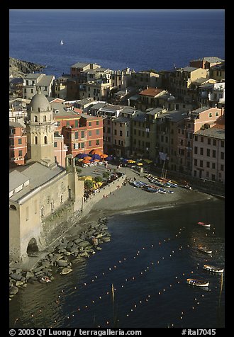 Church, harbor, and beach seen from above, Vernazza. Cinque Terre, Liguria, Italy