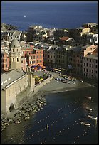 Church, harbor, and beach seen from above, Vernazza. Cinque Terre, Liguria, Italy ( color)