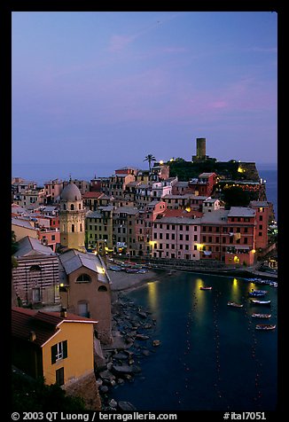 Port and Castello Doria, dusk, Vernazza. Cinque Terre, Liguria, Italy