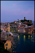 Port and Castello Doria, dusk, Vernazza. Cinque Terre, Liguria, Italy