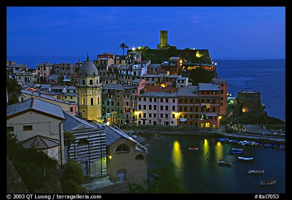 Harbor and Castello Doria, dusk, Vernazza. Cinque Terre, Liguria, Italy
