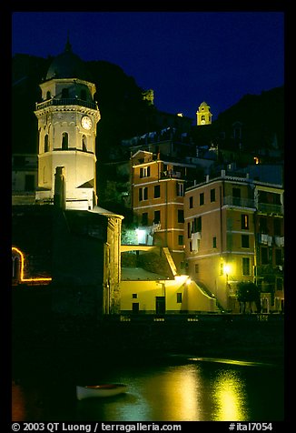 Churches illuminated at night, Vernazza. Cinque Terre, Liguria, Italy