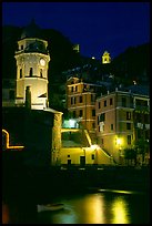 Churches illuminated at night, Vernazza. Cinque Terre, Liguria, Italy