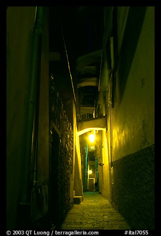Narrow street at night, Vernazza. Cinque Terre, Liguria, Italy (color)