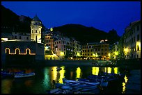 Harbor and seaside Piazza Guglielmo Marconi at night, Vernazza. Cinque Terre, Liguria, Italy (color)