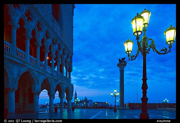 Lamp, column with Lion, Piazza San Marco (Square Saint Mark) at dawn. Venice, Veneto, Italy (color)