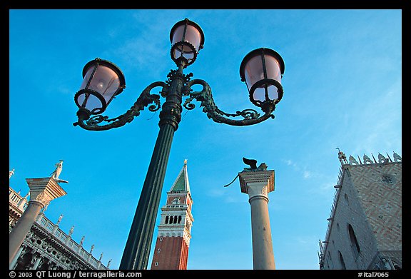 Lamps, Campanile, column with Lion, Piazza San Marco (Square Saint Mark), early morning. Venice, Veneto, Italy