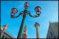 Lamps, Campanile, column with Lion, Piazza San Marco (Square Saint Mark), early morning. Venice, Veneto, Italy