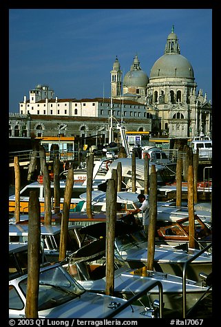 Water taxis and Santa Maria della Salute church, early morning. Venice, Veneto, Italy (color)