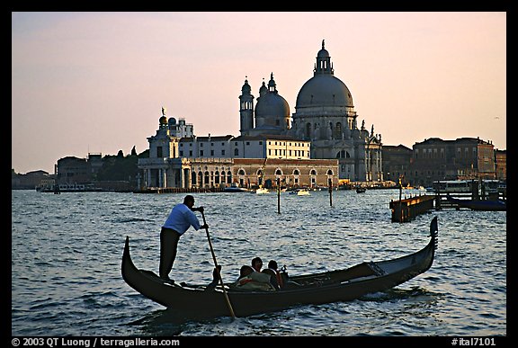 Gondola,  Santa Maria della Salute church, late afternoon. Venice, Veneto, Italy