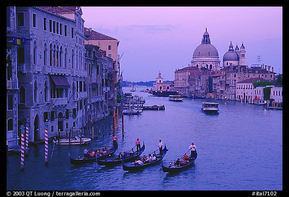 Gondolas, Grand Canal, Santa Maria della Salute church from the Academy Bridge,  sunset. Venice, Veneto, Italy