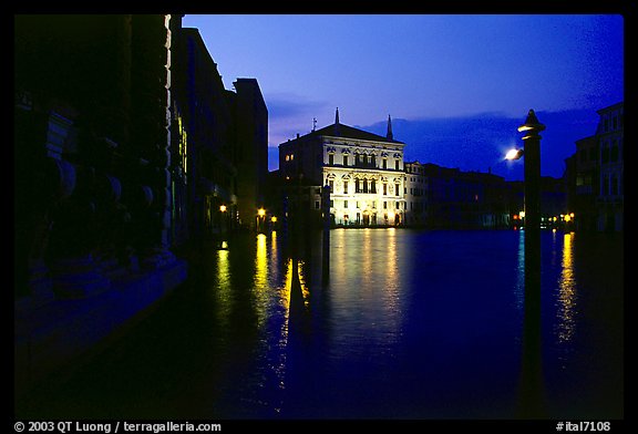 Grand Canal at night with lighted palace. Venice, Veneto, Italy (color)