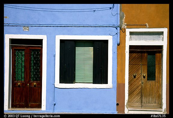 Doors, window, multicolored houses, Burano. Venice, Veneto, Italy (color)