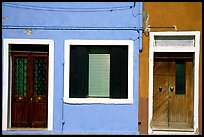 Doors, window, multicolored houses, Burano. Venice, Veneto, Italy