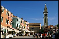 Street and church, Burano. Venice, Veneto, Italy