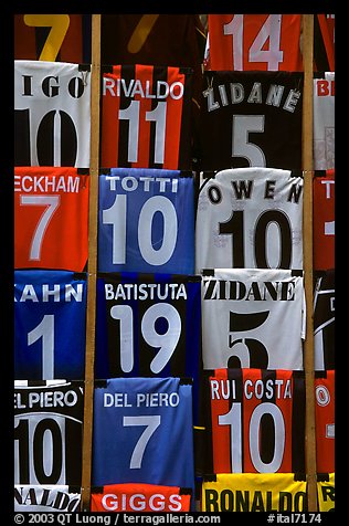 T-Shirts with colors of popular Italian soccer teams. Florence, Tuscany, Italy