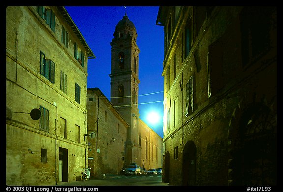 Street and church at dawn. Siena, Tuscany, Italy