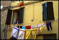 Woman hanging laundry. Siena, Tuscany, Italy