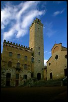 Palazzo del Popolo, Torre Grossa, Duomo, early morning. San Gimignano, Tuscany, Italy