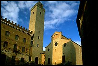 Palazzo del Popolo, Torre Grossa, Duomo, early morning. San Gimignano, Tuscany, Italy