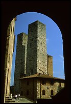 Medieval Towers framed by an arch. San Gimignano, Tuscany, Italy