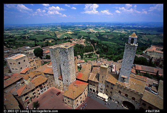 Plazza and towers  seen from Torre Grossa. San Gimignano, Tuscany, Italy (color)