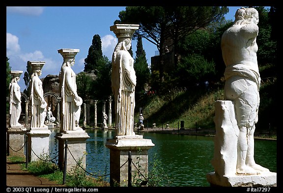 Antique statues along the Canopus, Villa Hadriana. Tivoli, Lazio, Italy (color)